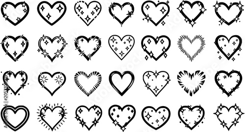 Foto Black and White Line Art Hearts with Stars and Sparkles, Vector Icons