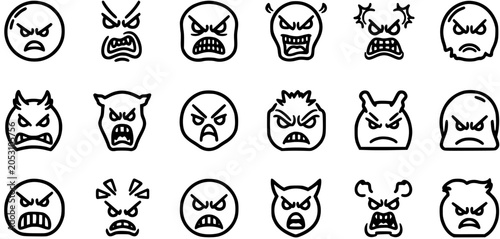 Konstfotografi Set of Angry Faces Vector Icons, Black and White Line Art, Expressing Rage and F