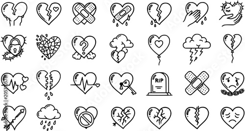 Obraz na płótnie Black and White Line Art Collection of Broken Hearts for Emotional Concepts