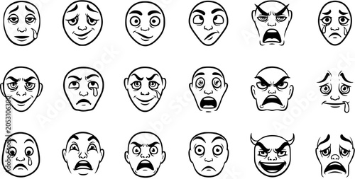 Cuadro en lienzo Black and White Line Art of Diverse Emotional Faces, Vector Icons