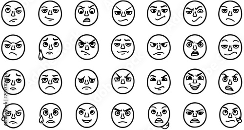 Photos Black and White Line Art Set of Various Emotion Faces, Expressing Anger, Sadness