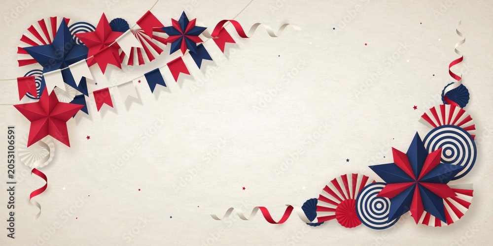 Fototapeta premium Paper fans and star ornaments create a festive border design on a light textured background for celebration themes.