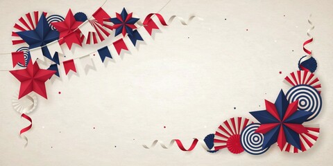 Paper fans and star ornaments create a festive border design on a light textured background for celebration themes.