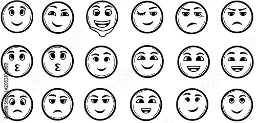 Cuadro en lienzo Black and White Line Art Emoticon Collection, Expressing Various Emotions