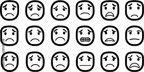 Foto Black and White Line Art Glyph Sad Emoticons and Faces Collection for expressing Negative Emotions, Moods, and Feelings in Communication