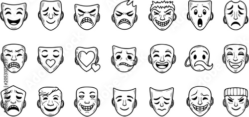 Tableau sur toile Black and White Line Art Masks Representing Various Emotions and Theater Perform