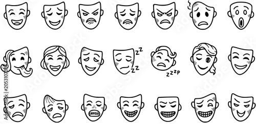 Fotografía Black and White Line Art Icons of Theatre Masks Showing Various Emotions