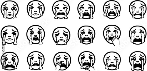 Canvas-taulu Black and White Line Art Crying Faces Emoticons, Emotional Expressions Set