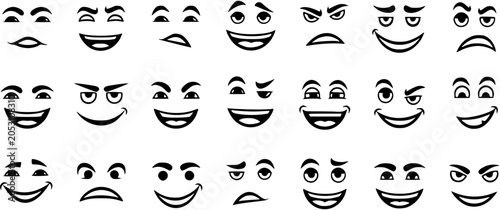 Canvastavla Black and White Line Art Emoticons Set, Vector Faces with Different Expressions