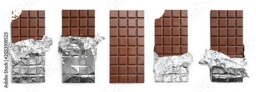 Milk chocolate bar with foil wrapper isolated on white, collage