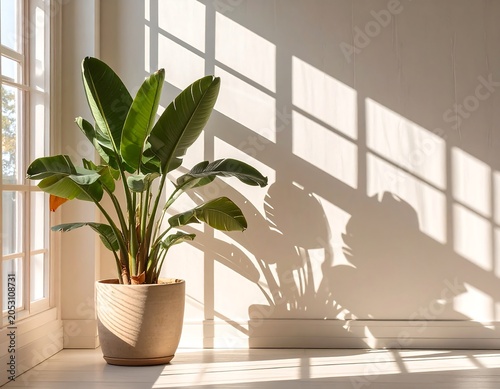 Large houseplant basks in sunlight streaming through a window. Shadows dance on a smooth white wall and floor