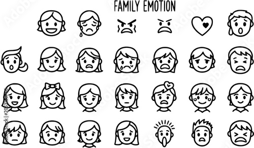 Canvastavla Black and White Line Art Icons of Family Emotions, Faces, and Expressions