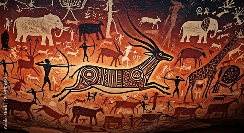 Ancient cave painting of animals and hunters.