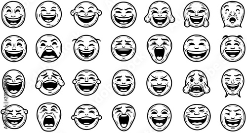 Fotografía Black  White Line Art Cartoon Laughing Faces Collection: Diverse Humorous Emotic