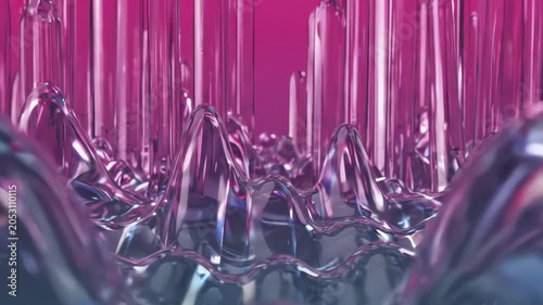 Abstract Pink and Purple Liquid Surface Rippling and Flowing Over Crystal Rods, Smooth Organic Waves and Reflections, Seamless Loop Motion Graphics, 4K
