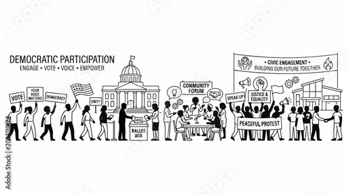 Photos Democratic participation and civic engagement community line art illustration