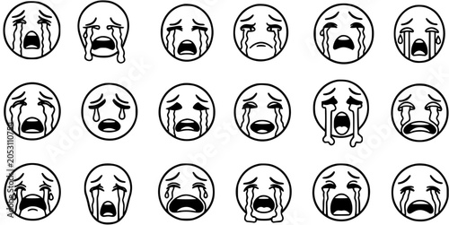 Schilderij op canvas Collection of Crying Emoticons and Sad Faces in Black and White Line Art Style, Expressing Deep Emotions, Grief, and Mental Health Struggles