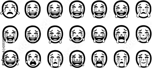 Photos Black and White Line Art of Crying Faces Emoji Set, Emotional Expressions Vector