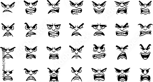 Foto Angry Cartoon Faces Vector Set - Black and White Furious Facial Expressions Line