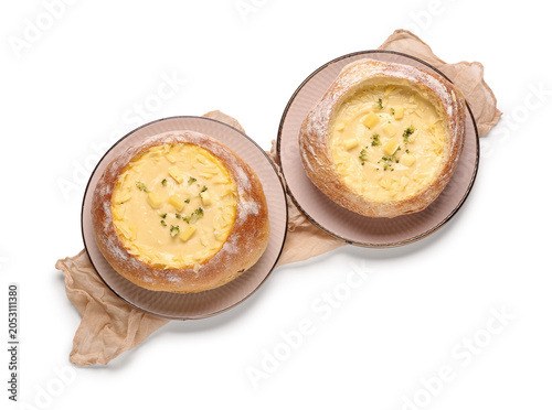 Two creamy broccoli cheddar...