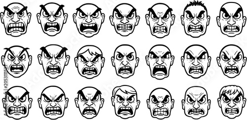 Angry Faces Vector Line Art Collection. Black and White Cartoon Illustrations of Human Rage, Fury, and Grumpy Expressions for Character Design