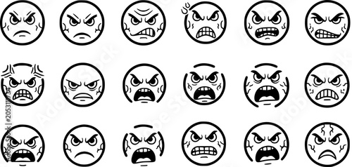 Fotografía Angry Emotion Emoticons Vector Icons Set in Black  White Line Art Style - Furiou