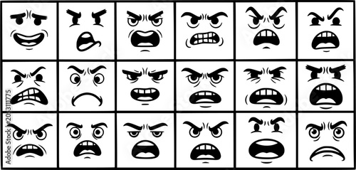 Quadro su tela Set of Angry Facial Expressions in Black and White Line Art Style for Emotion Ve