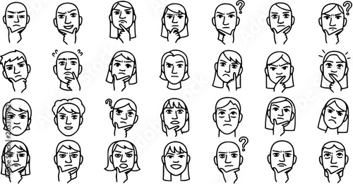 Cuadro en lienzo Black and White Line Art of Diverse Faces Thinking, Pondering, Questioning Icons