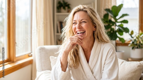 Happy woman laughing while wearing cozy bathrobe with laughing bathrobe relaxing lifestyle cheerfulness wellness