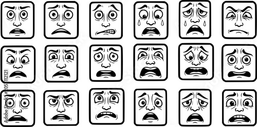 Fotografía Black  White Line Art Cartoon Faces: A diverse collection of human emotions and psychological expressions, featuring fear, stress, and sadness icons