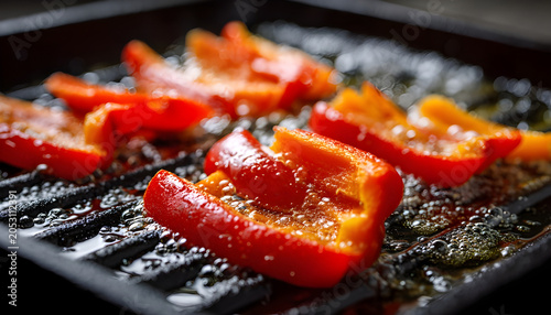 Close-up of sliced red bell peppers sizzling on a grill pan with bubbling oil. Ideal for cooking tutorials or food blogs showcasing grilling techniques