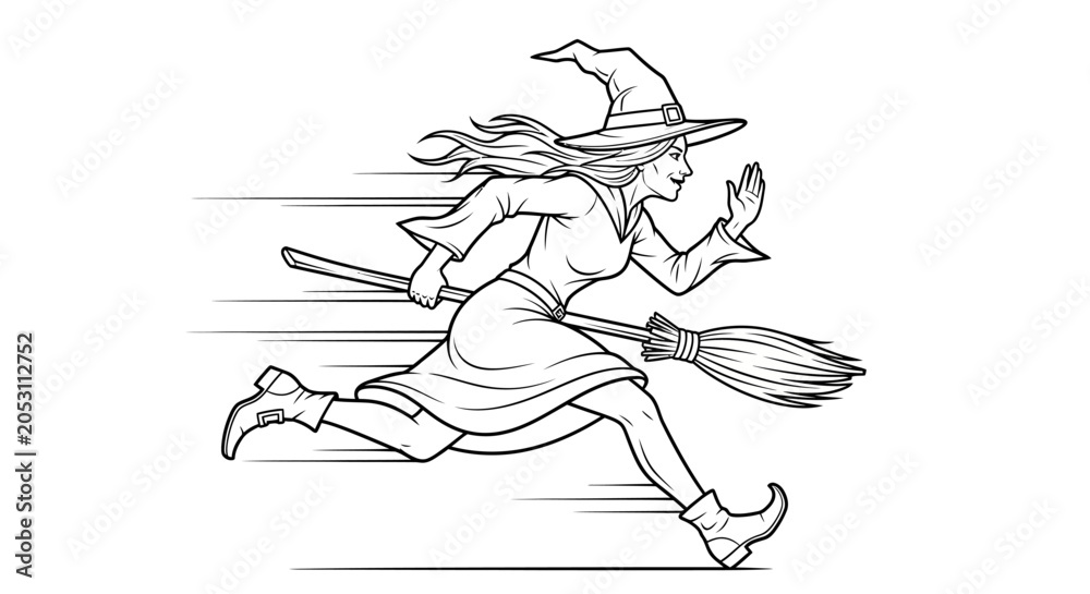 Obraz premium Witch running fast with broomstick in line art style