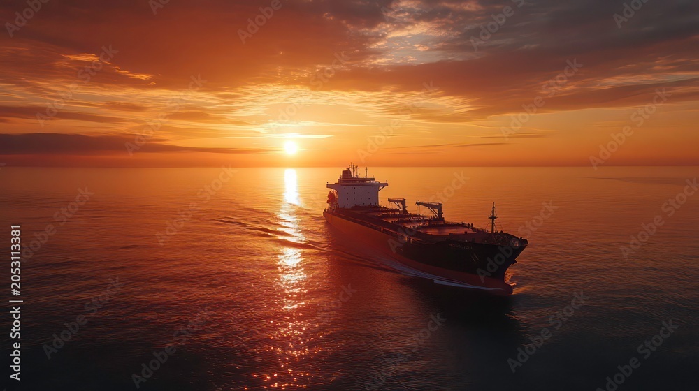 Obraz premium A cargo ship at sea during sunset symbolizes cybersecurity innovations securing maritime operations.