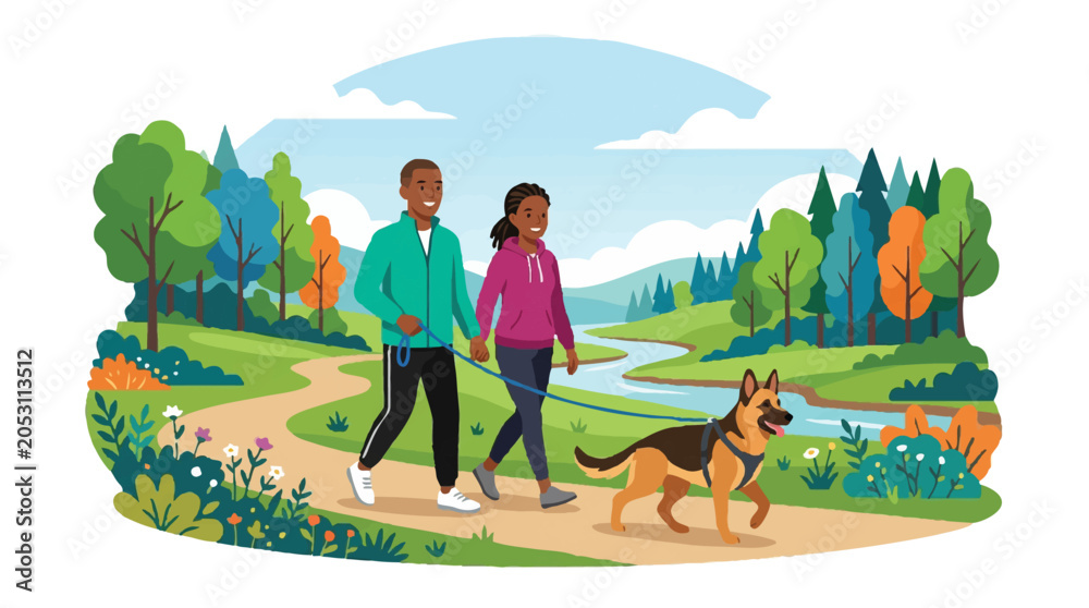 Fototapeta premium Happy African American Couple Walking their German Shepherd Dog on a Scenic Nature Trail in the Park Vector Illustration