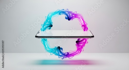 Vibrant Ink Swirls Encircling a Floating White Tablet.