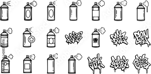 Urban Art Spray Paint Cans and Graffiti Words Black and White Line Art Icons Set