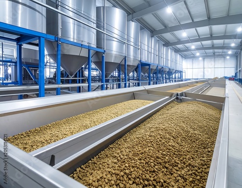 Large industrial facility interior featuring multiple stainless steel storage tanks and long, open containers filled with granular material