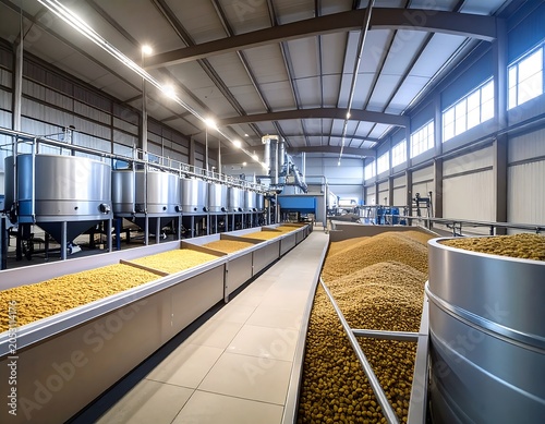 Large industrial facility showcasing food processing. Grain and large metal tanks are visible along with large ceiling lights
