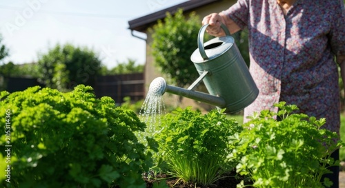 An elderly person waters lush, green herbs in a garden on a sunny day