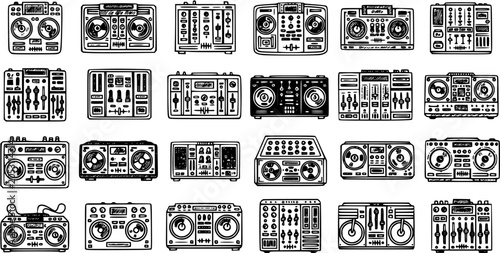 Bild auf Leinwand Black and White Line Art Vector of Various DJ Turntables and Boomboxes
