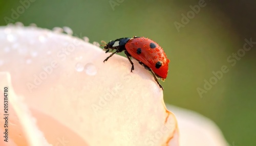 Ladybug on White Flower Petal Closeup.