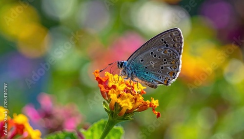Blue Butterfly on Vibrant Orange Flower.