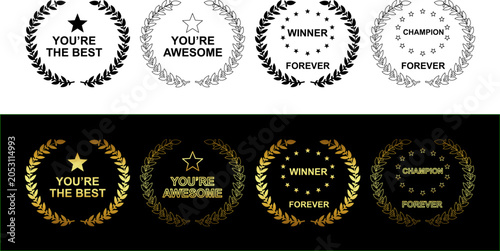 Fotografija Laurel wreath award emblems in black outline and gold gradients, elegant achieve
