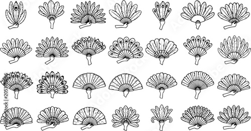 Cultural Hand Fans Black and White Line Art Vector Set. Doodle collection of traditional folding, feather, and peacock fan icons for design.