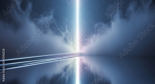 Abstract light beam cutting through a smoky, ethereal blue environment, creating a futuristic and mysterious atmosphere.