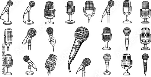 Hand-drawn Black  White Line Art Sketch Icons: A Diverse Set of Microphones for Music, Audio, Broadcasting, and Entertainment Design Elements