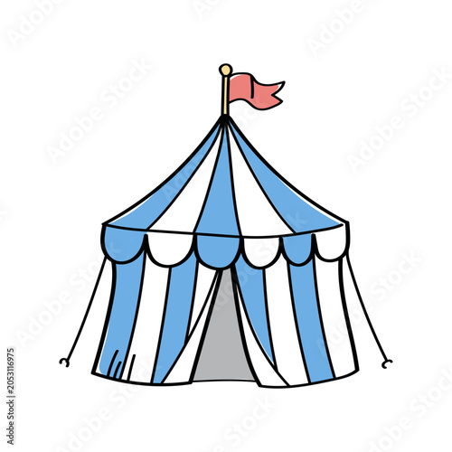 Blue and white Oktoberfest festival tent in cute doodle style for Bavarian celebrations, beer festivals and event designs