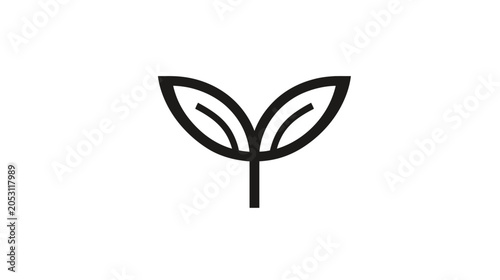 Minimalist black line icon of a plant sprout with two leaves, symbolizing growth, nature, eco-friendliness, and new life on a clean white background.