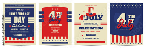 Retro Independence Day celebration posters set with bold typography and patriotic accents. Patriotic 4th of July event flyer in vintage Americana style. Vector illustration