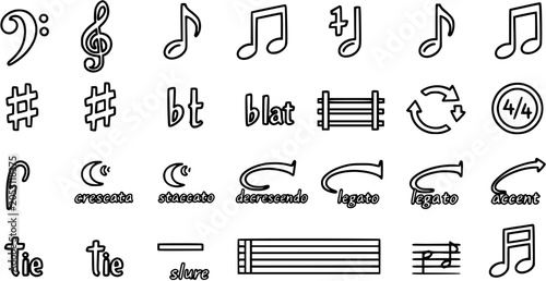 Obraz na plátně Music Notation Symbols Line Art Icons Set